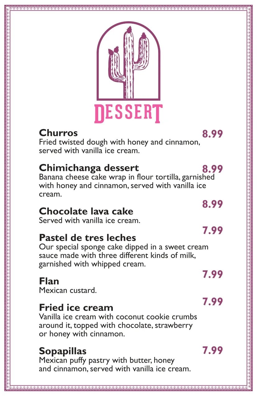 Dessert menu at La Sierra Mexican restaurant